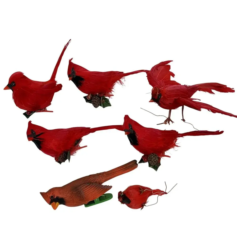 Vtg Lot 7 Flocked Feather Cardinal Birds Wired Feet Clip Christmas Tree Ornament